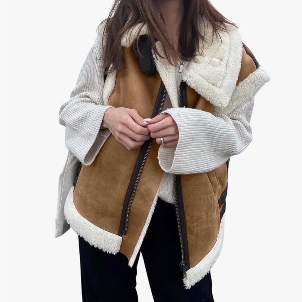 Women’s Oversized Sherpa-Lined Faux Suede Vest - Brown